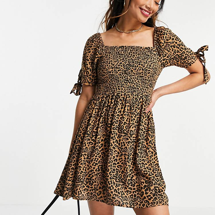American Eagle square neck dress with shirring in animal print
