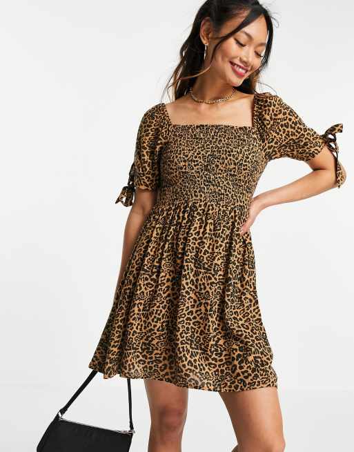 American Eagle square neck dress with shirring in animal print ASOS