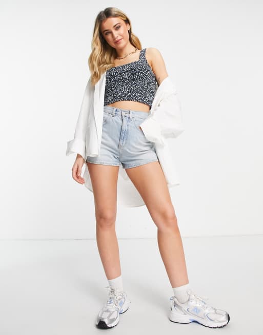 American Eagle strap crop top in black floral, 4 of 4