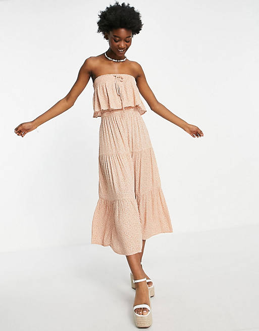 American Eagle strapless tiered midi dress in pink