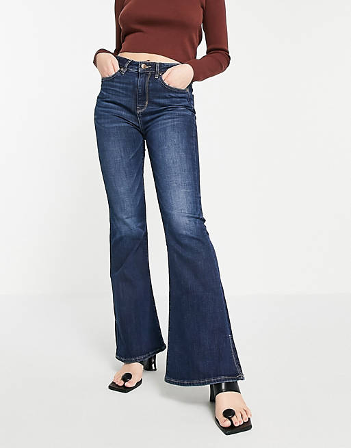 American Eagle super high rise flared jeans with distressing in dark blue