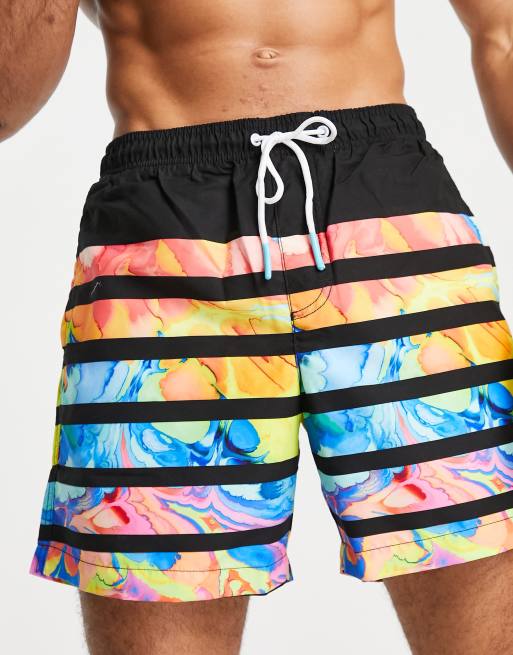 American Eagle swim shorts in stripe rainbow swirl print 