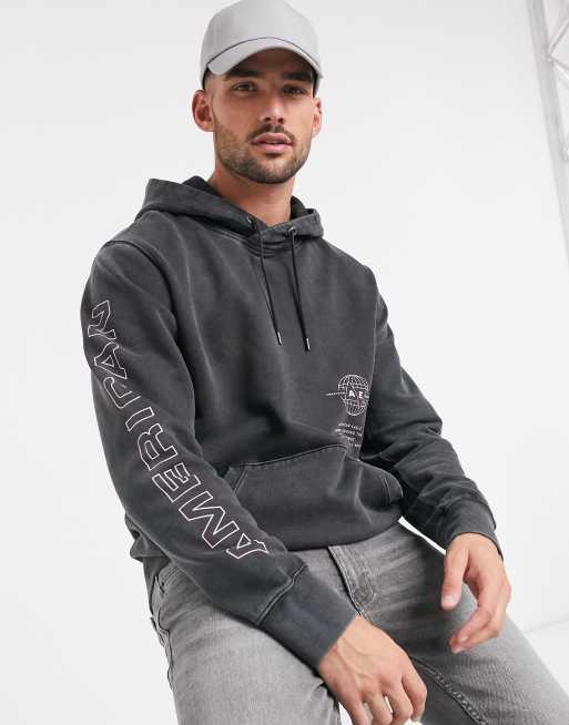 American Eagle washed logo detail hoodie in black ASOS