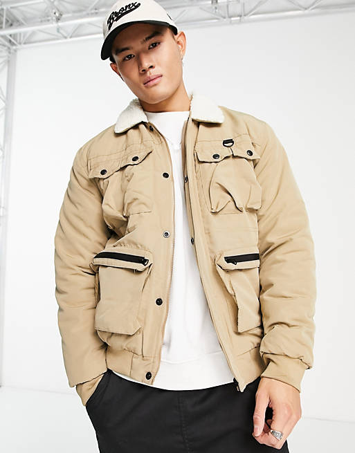 American Stitch jacket with faux fur collar in khaki | ASOS