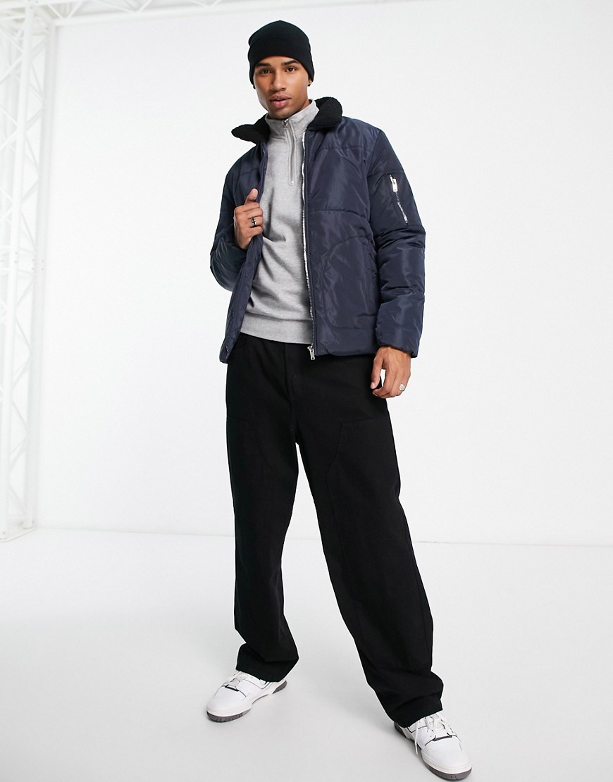 American Stitch Puffer With Borg Sherpa Collar In Navy
