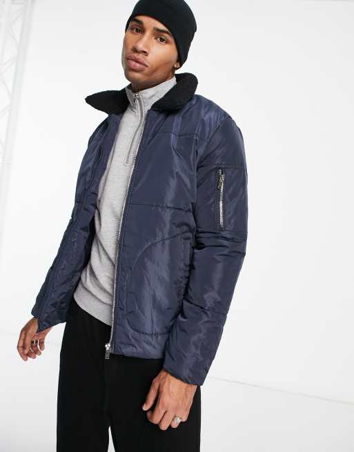 American Stitch puffer with borg sherpa collar in navy