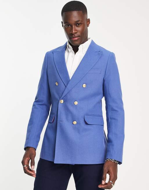 Americana azul de corte slim con doble botonadura de lino de Gianni Feraud Wedding