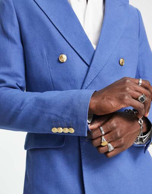 Americana azul de corte slim con doble botonadura de lino de Gianni Feraud Wedding, 2 de 4