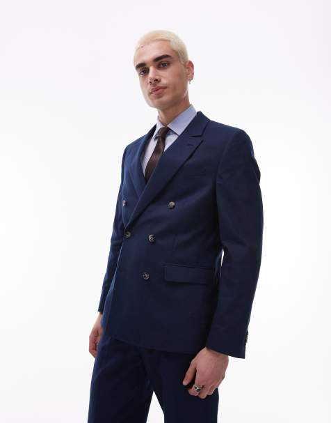 Americana azul marino con doble botonadura de mezcla de lino de Topman - view 1