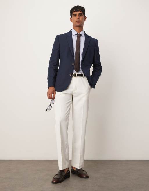 Americana azul marino de corte slim de mezcla de algodón y lino de ASOS DESIGN, 3 de 5
