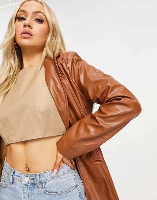 Americana boyfriend color caramelo de cuero sintético de Missguided (parte de un conjunto), 3 de 4