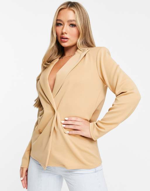 Americana color camel de doble botonadura con diseño estructurado de punto de ASOS DESIGN