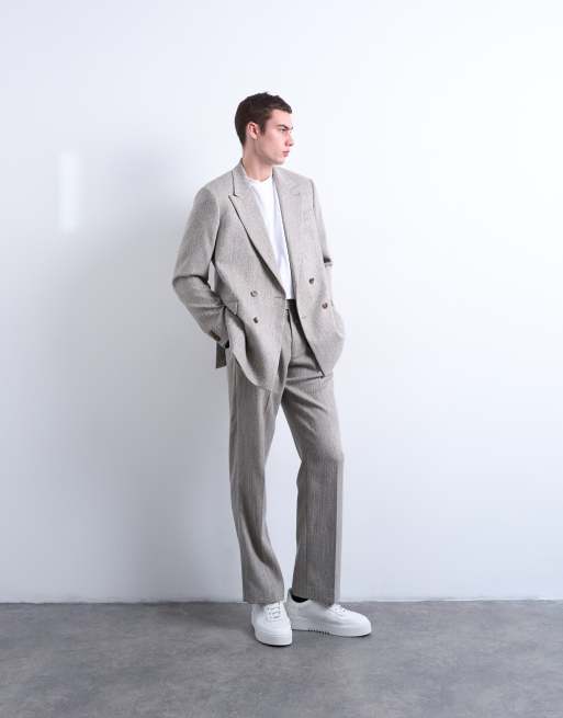 Americana color piedra con doble botonadura y patrón de espiga de Topman, 4 de 5