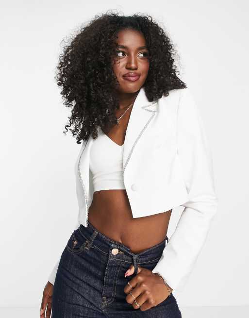Americana corta blanca con ribete de strass de Miss Selfridge (parte de un conjunto)