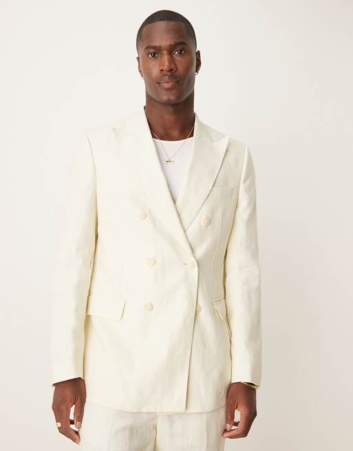 Americana de traje color crudo de corte slim con doble botonadura de lino de Mango (parte de un conjunto)