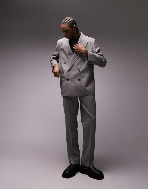 Americana de traje gris de corte cuadrado extragrande con patrón de espiguilla de lana de edición limitada premium de Topman, 2 de 4