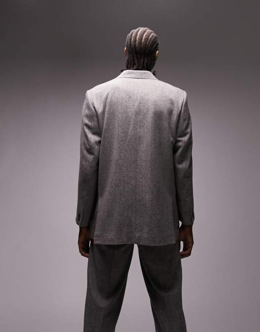 Americana de traje gris de corte cuadrado extragrande con patrón de espiguilla de lana de edición limitada premium de Topman, 3 de 4