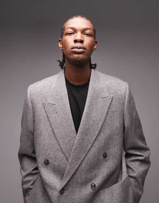 Americana de traje gris de corte cuadrado extragrande con patrón de espiguilla de lana de edición limitada premium de Topman, 4 de 4