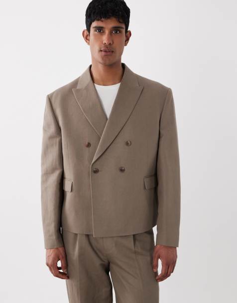 Americana de traje marrón de corte cuadrado con doble botonadura de tejido rico en lino de ASOS DESIGN - view 1