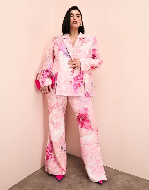 Americana de traje rosa con estampado floral de ASOS LUXE Curve (parte de un conjunto), 2 de 4