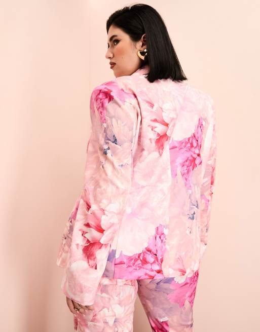 Americana de traje rosa con estampado floral de ASOS LUXE Curve (parte de un conjunto), 3 de 4