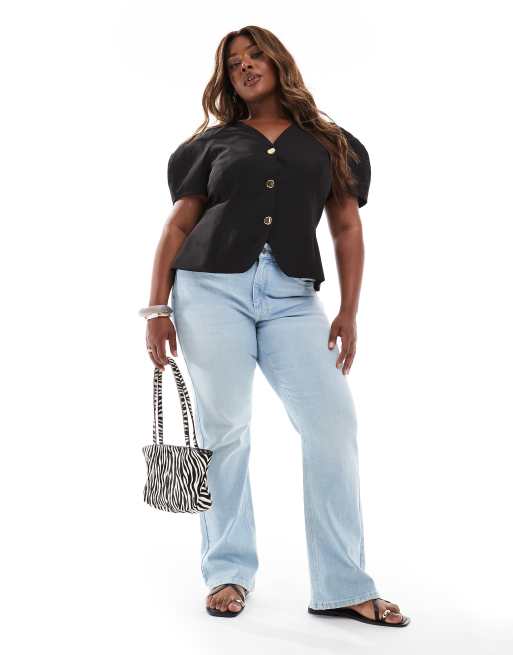 Americana negra de manga globo corta con cadera moldeada de ASOS DESIGN Curve, 2 de 4