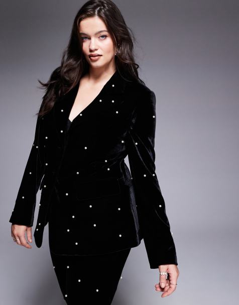 Americana negra de terciopelo con adornos de perlas de ASOS LUXE Curve (parte de un conjunto) - view 1