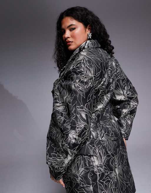 Americana negra moldeada con patrón floral de jacquard de ASOS LUXE Curve (parte de un conjunto), 2 de 4