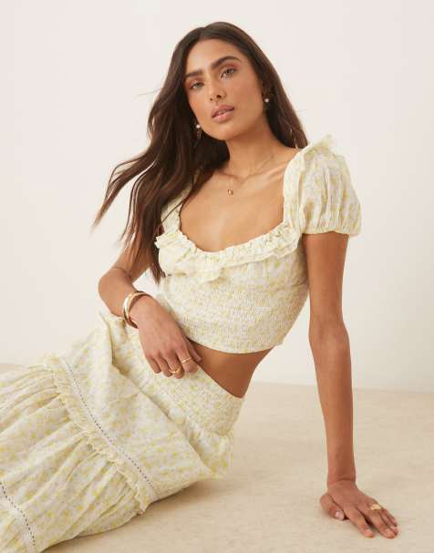 Amy Jane London Adeline sweetheart crop top in lemon ditsy - part of a set - view 1