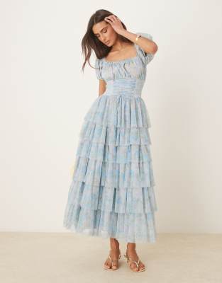 Arabella corset waist tiered maxi dress in blue rose