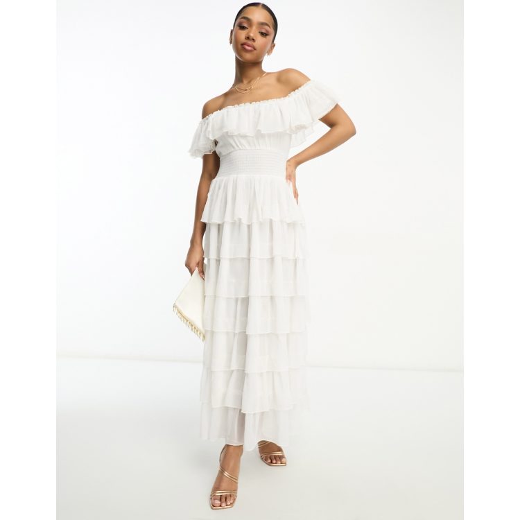 Kianne White Draped Short-Sleeve Maxi Dress – Club L London