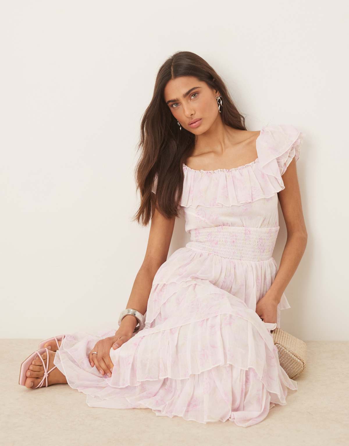 Amy Jane London Aurelia tiered maxi dress with shirred waist in pink floral