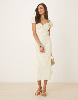 Daphne milkmaid midi dress in lemon ditsy-Yellow
