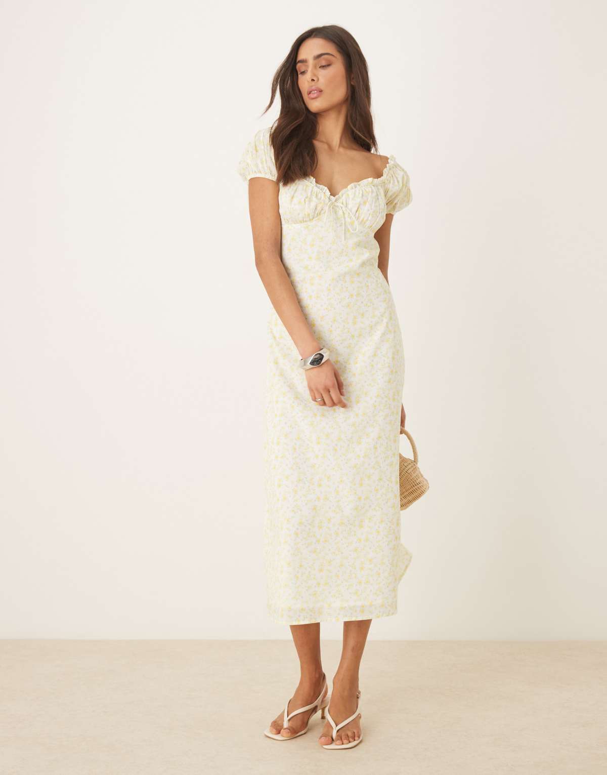 Amy Jane London Daphne milkmaid midi dress in lemon ditsy
