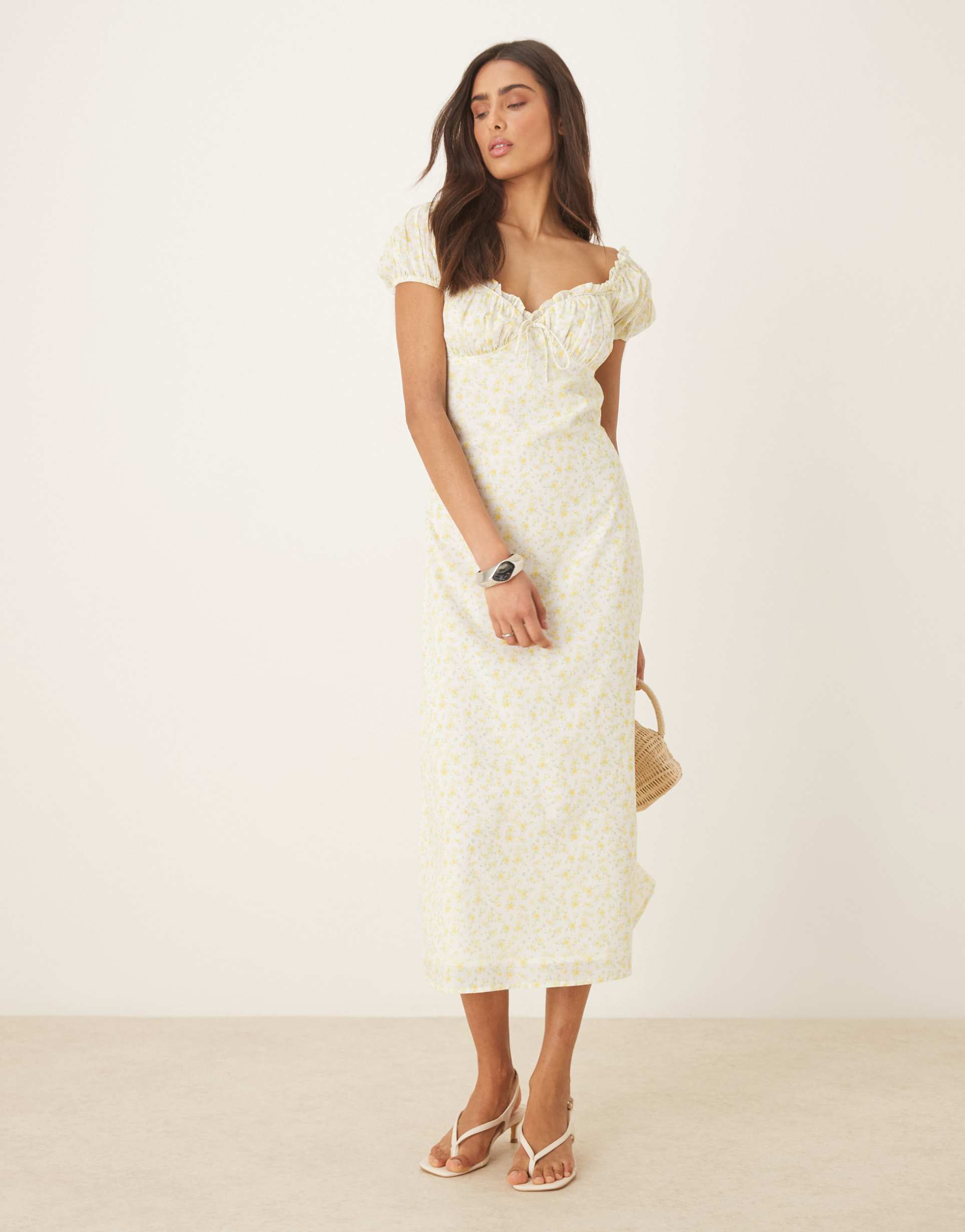 amy jane london daphne milkmaid midi dress in lemon ditsy