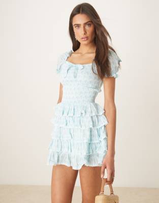 Darcy tie-detail tiered mini dress in blue ditsy gingham