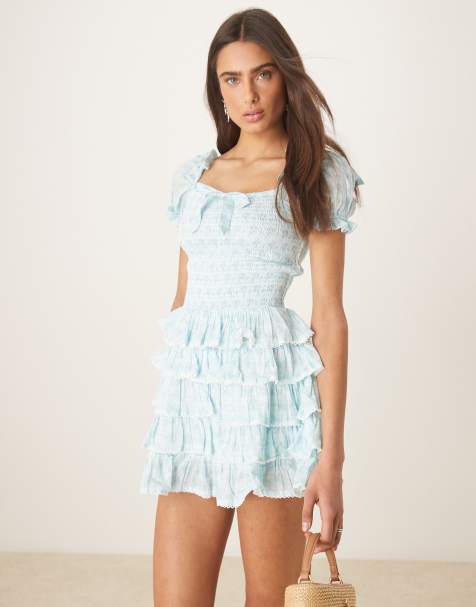 Amy Jane London Darcy tie-detail tiered mini dress in blue ditsy gingham