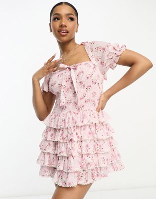 Amy Jane London Darcy tiered mini dress in pink ditsy floral - ASOS Price Checker