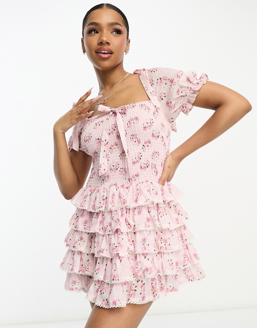 Darcy tiered mini dress in pink ditsy floral
