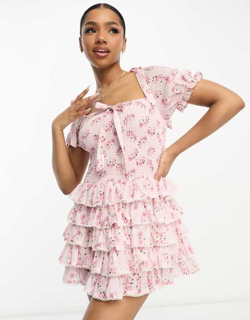 Amy Jane London Darcy tiered mini dress in pink ditsy floral | ASOS