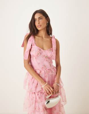 Florence tie shoulder tiered maxi dress in pink floral
