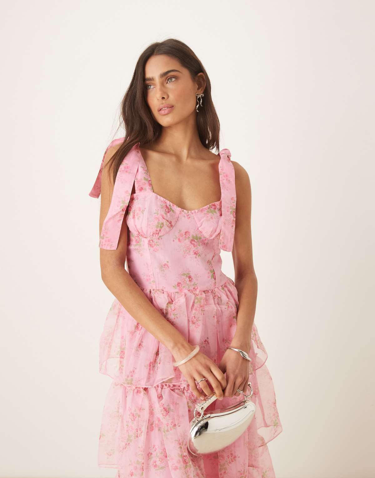 Amy Jane London Florence tie shoulder tiered maxi dress in pink floral