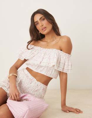 Gaia frill off shoulder crop top in pink ditsy - part of a set-Multi