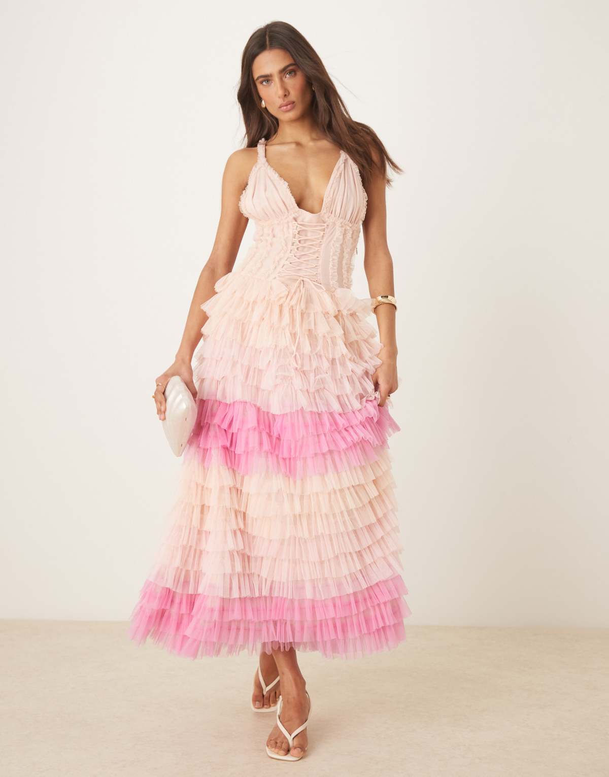 Amy Jane London Iris tulle frill corset midi dress in pink ombre