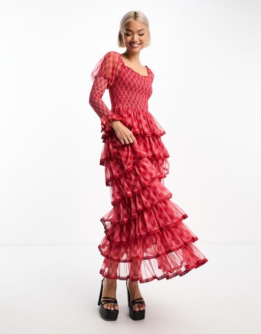 Amy Jane London Luna tulle maxi dress in pink and red tartan