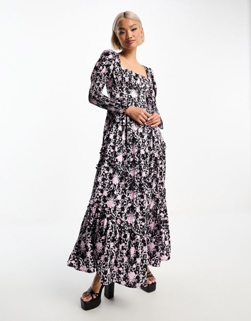 Amy Jane London - Marie - Robe longue en satin à fleurs - Noir