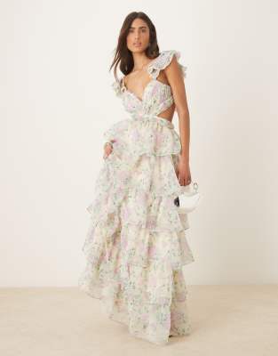 Amy Jane London Oflia cut out frill maxi dress in hydrangea print-Multi