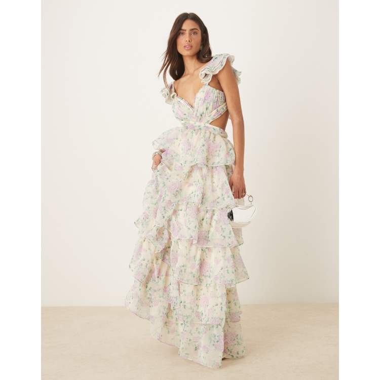amy jane london green dress Oflia cut-out ruffle maxi in hydrangea print London arabella dress