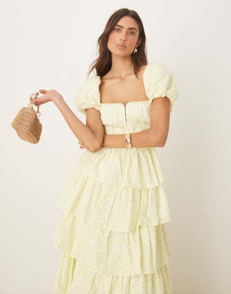 Amy Jane London Rosalie corset tiered maxi dress in lemon ditsy