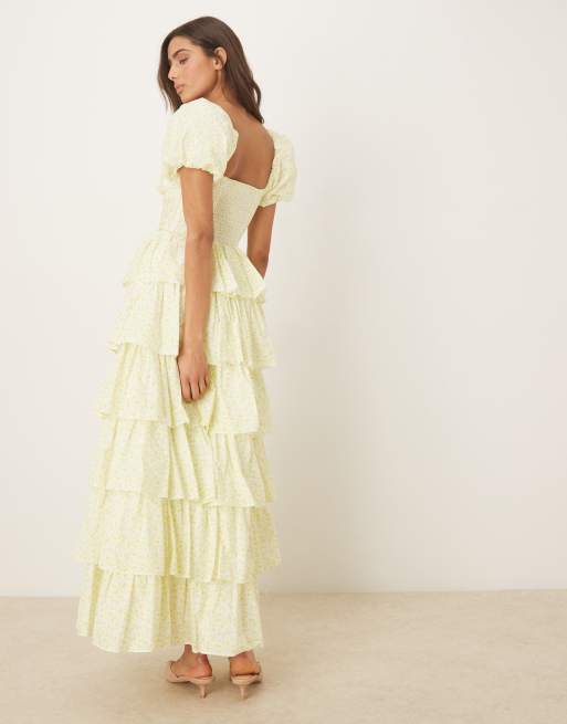 Amy Jane London Rosalie corset tiered maxi dress in lemon ditsy